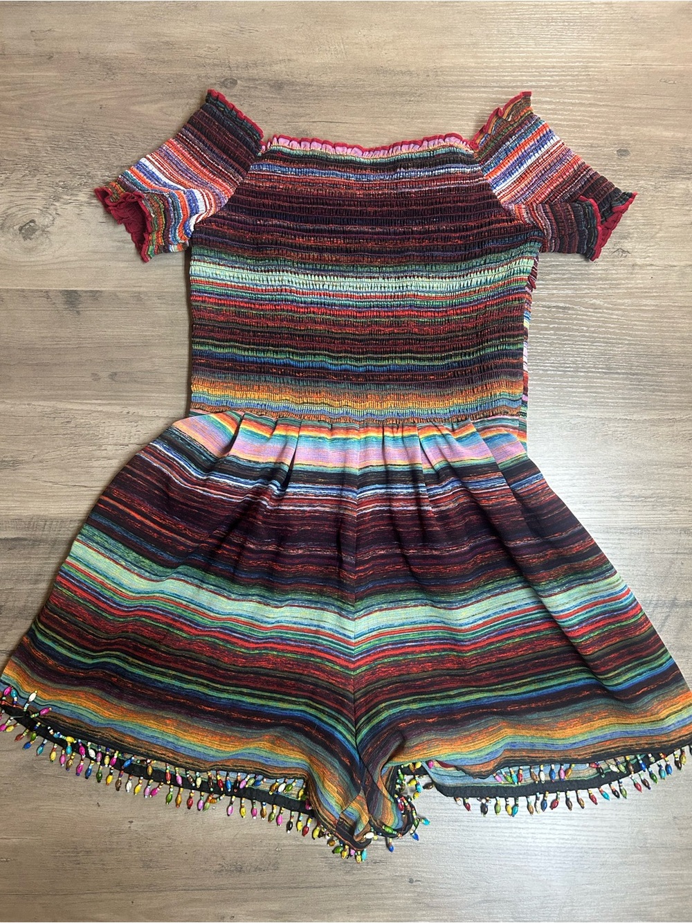 Nicole Miller Multicolor Striped Off-Shoulder Romper with Beaded Fringe